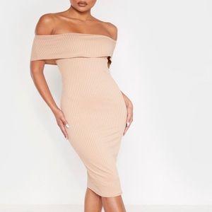 Off Shoulder Nude Midi Dress